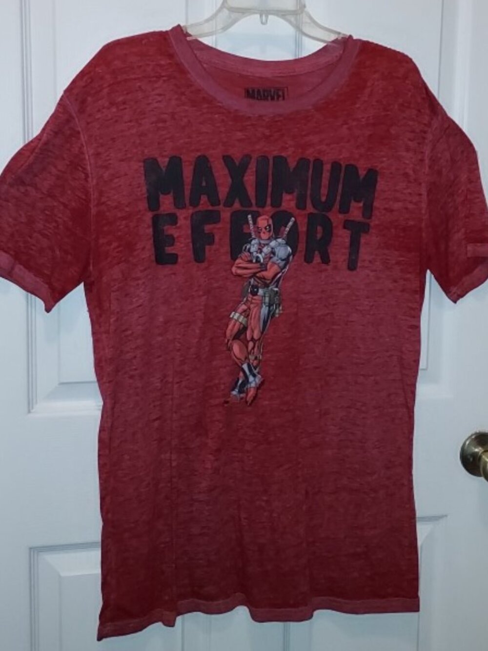 DEADPOOL MAXIMUM EFFORT BURNOUT SHIRT Marvel Red ADULT Sz L 42/44
